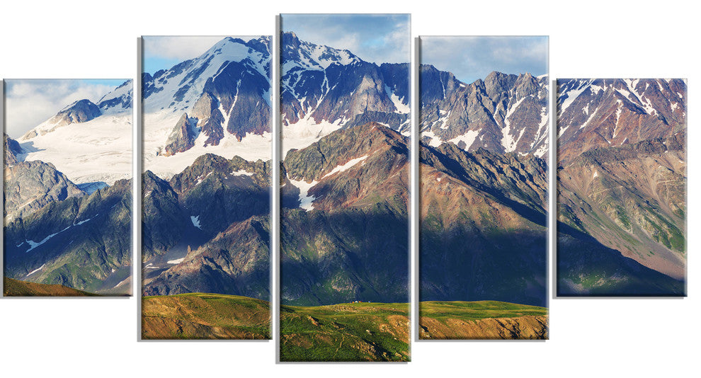 Beautiful Caucasus Mountains, Landscape Canvas Art Print, 60"x32", 5 Panels