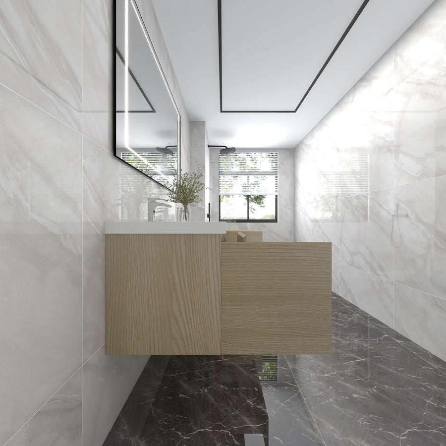 BTO 60" Wall Mounted Bath Vanity With Reinforced Acrylic Sink, Double Sink, White Oak