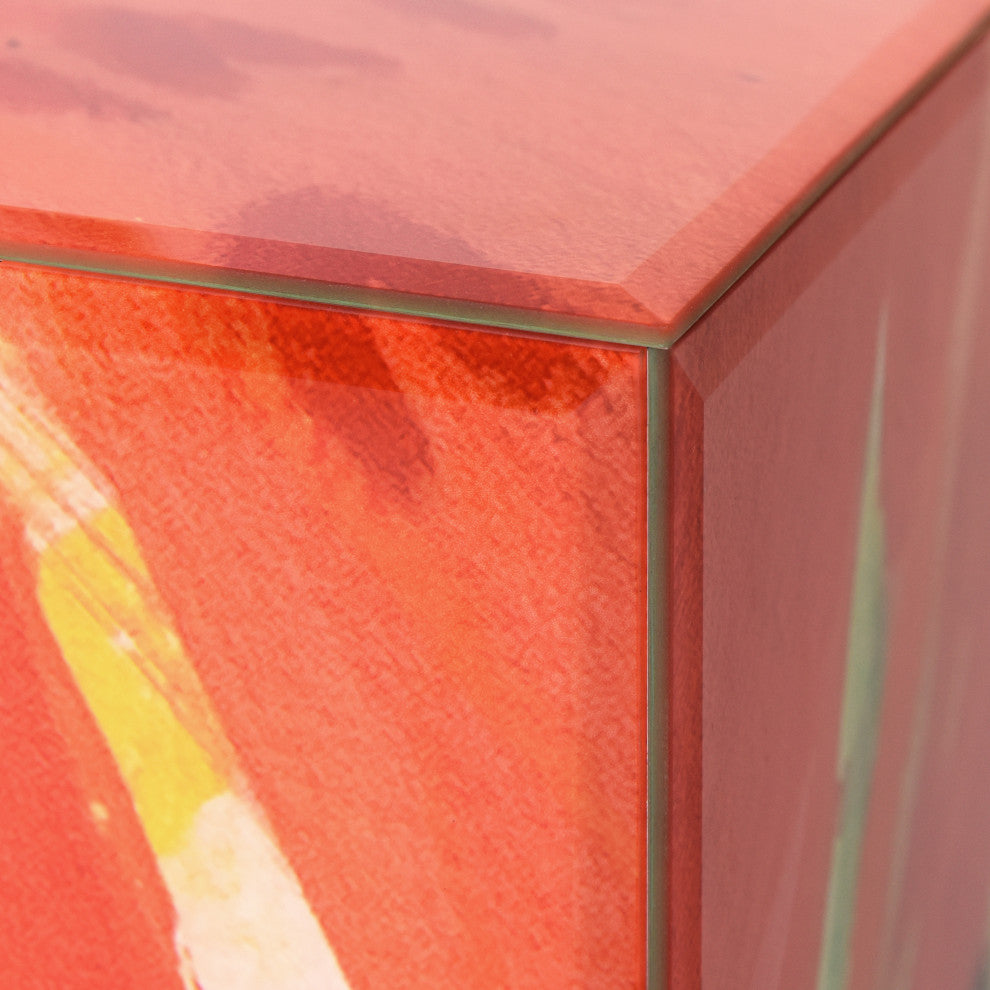 "Secret Garden Floral III" Printed Art Glass Side Table with Black Plinth Base