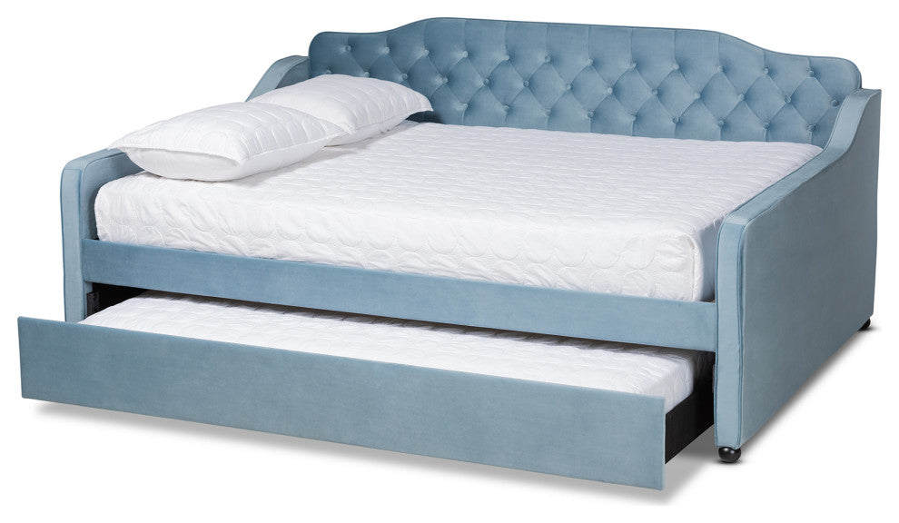 Hadgeon Light Blue Velvet Queen Daybed With Trundle