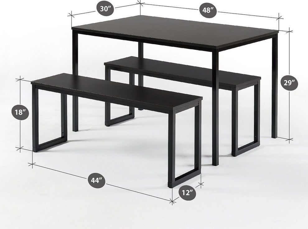 Modern Dining Table With Benches, 3-Piece Set, Espresso