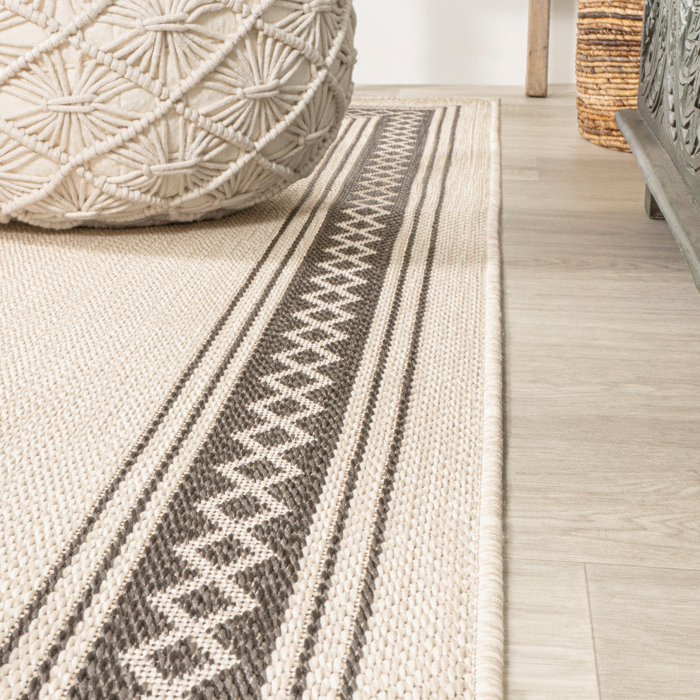 Lucia Classic Diamond Border Indoor/Outdoor Area Rug, Cream/Black, 2x8