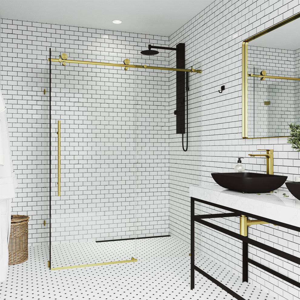 VIGO Elan E-Class Frameless Sliding Shower Enclosure, Matte Brushed Gold, 35" D X 46" W X 76" H, Without Base