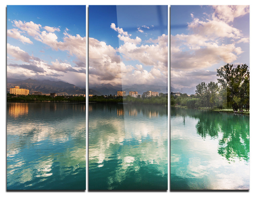 "City Lake With Cloud Reflection" Photo Metal Wall Art, 3 Panels, 36"x28"