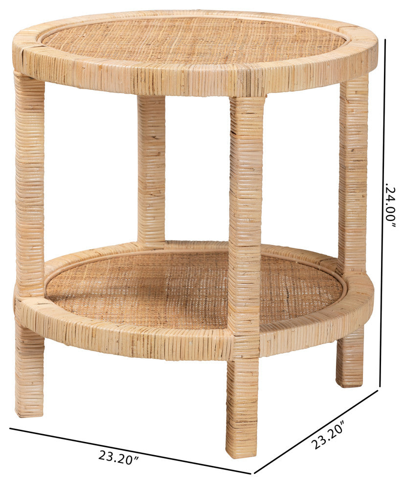 Bella Bohemian Natural Brown Mahogany Wood and Natural Rattan 2-Tier End Table