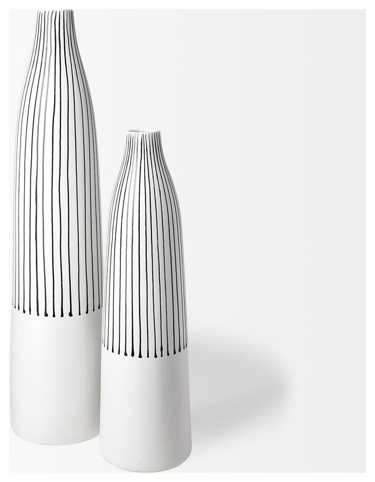 23" Black and White Pinstriope Narrow Ceramic Vase