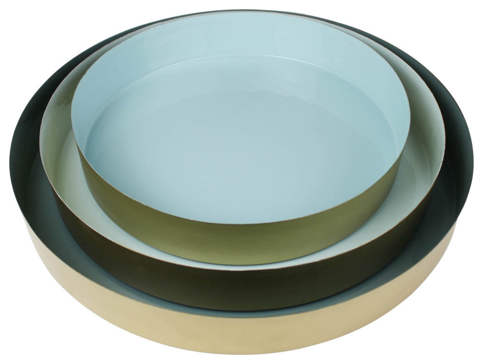 Set of Three Gold and Blue Round Trays