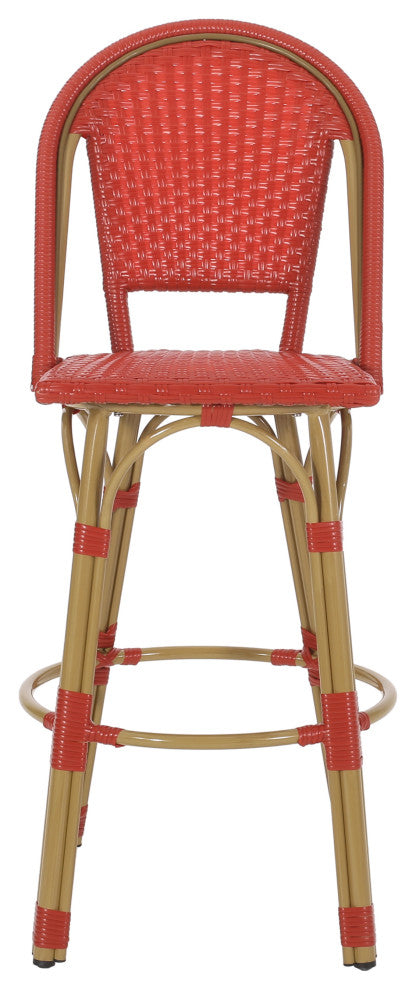 Cotterell Outdoor French Wicker and Aluminum 29.5" Barstools, Set of 2, Red/Bamboo Finish