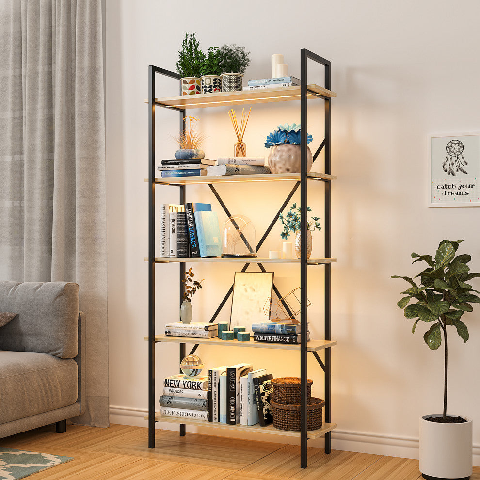 Multifunctional Smart Industrial 5-Shelf Bookcase W/ Tricolor Dimming LED Light,