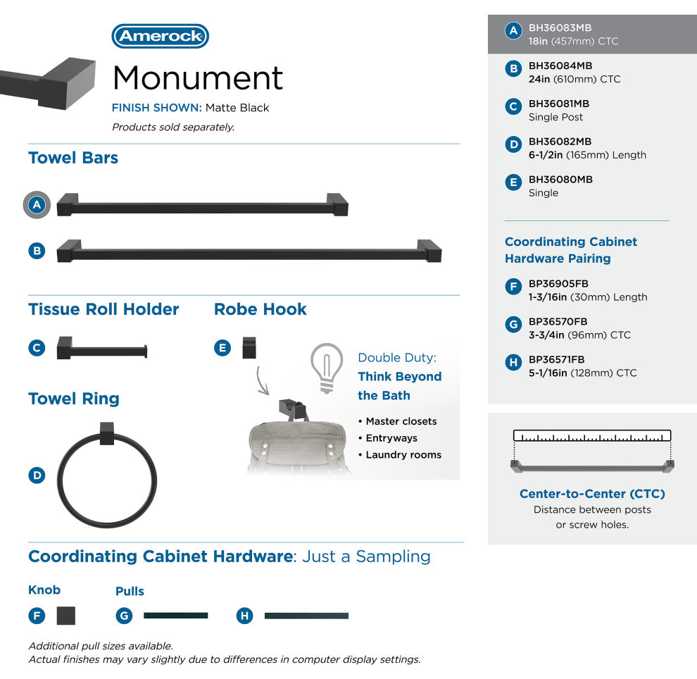 Amerock Monument Contemporary Towel Bar, Matte Black, 18" Center-to-Center