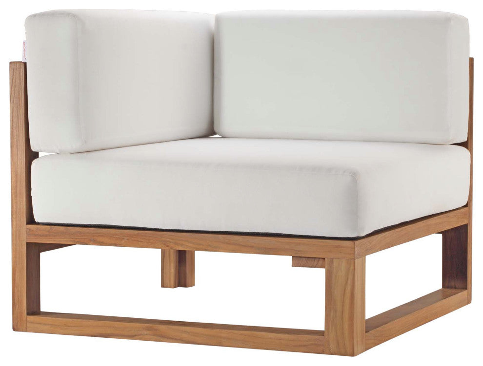 Sectional Sofa Chair Table Set, White Natural, Teak Wood, Modern, Outdoor Patio