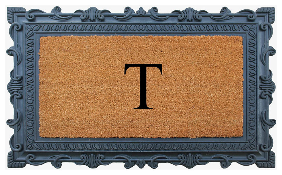 Carson Black/Beige Rubber And Coir 24"x36", Monogrammed Doormat, T