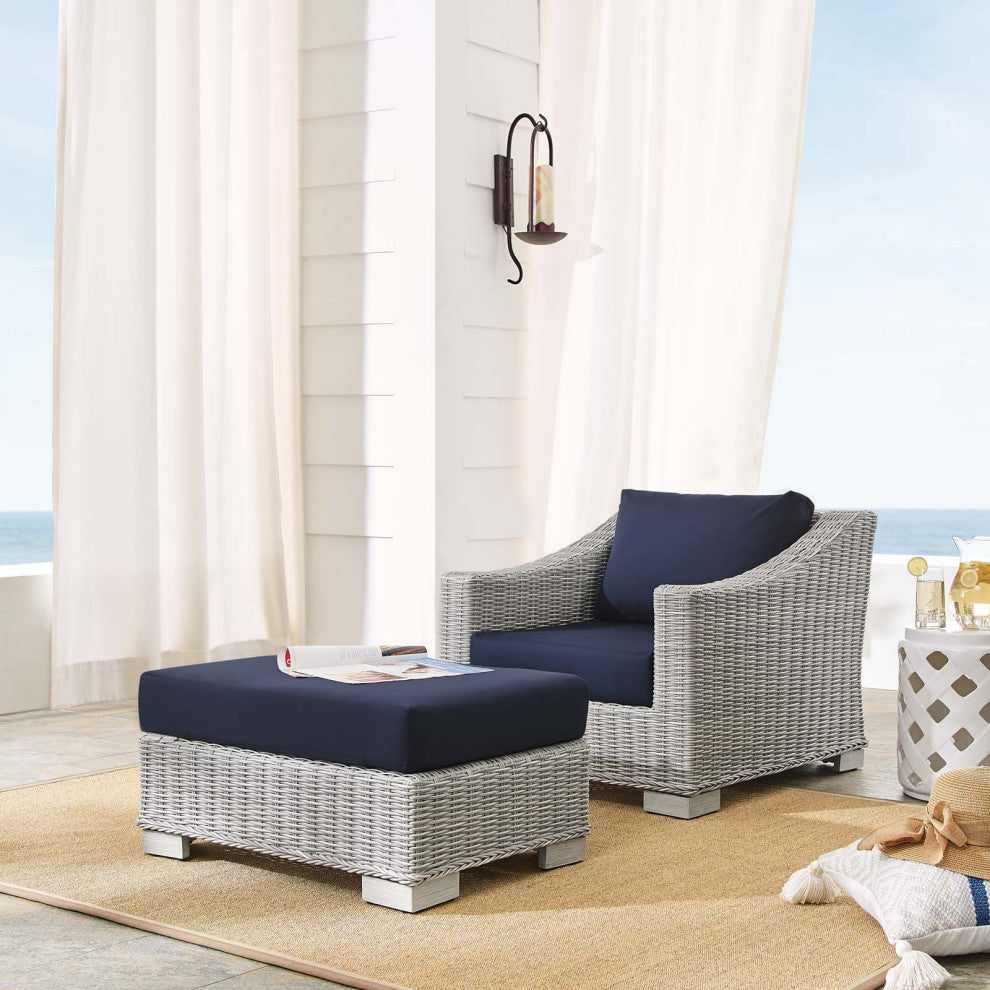 Lounge Chair and Ottoman, Sunbrella, Rattan, Gray Blue Navy, Outdoor