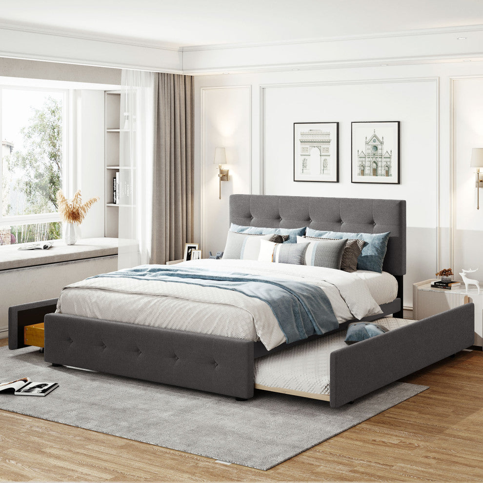 Queen Wood Frame Platform Bed with Drawers and Twin XL Trundle, Grey, Queen