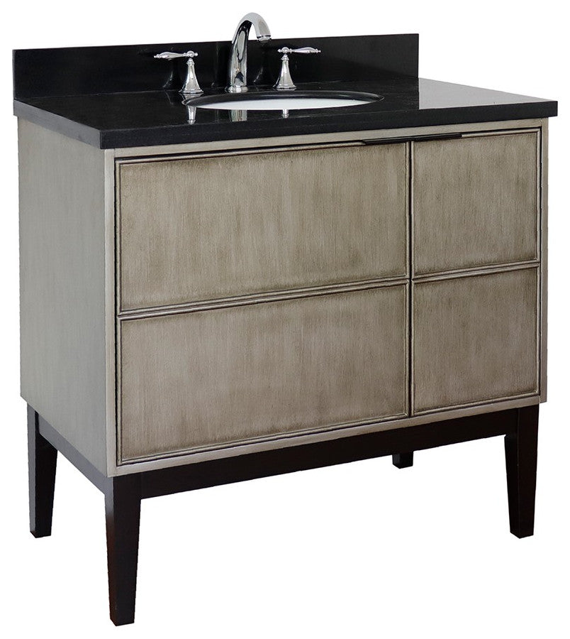 37" Single Vanity, Linen Brown Finish With Black Galaxy Top And Oval Sink