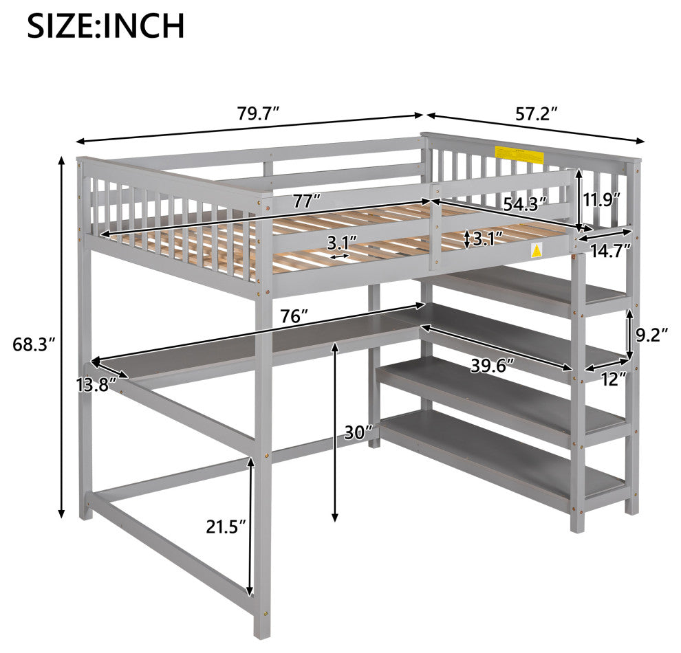 Gewnee Full Size Loft Bed with Storage Shelves and Under-bed Desk