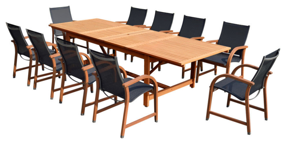 Affleck 11-Piece Eucalyptus Extendable Rectangular Patio Dining Set, Dark Brown