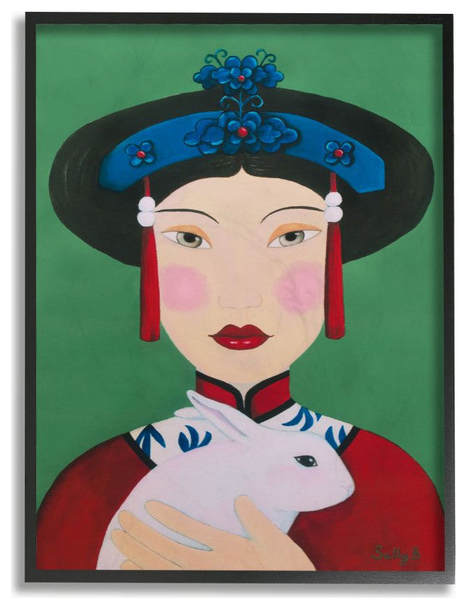 Chinese Woman And Rabbit Green Red Painting, 24"x30"