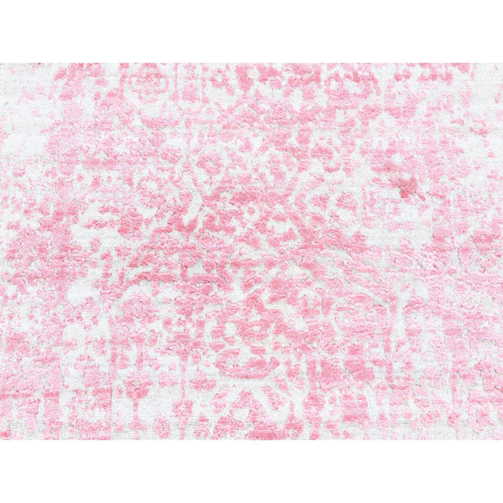Pink Broken Persian Design Wool and Pure Silk Hand Knotted Runner Rug, 2'6"x7'9"