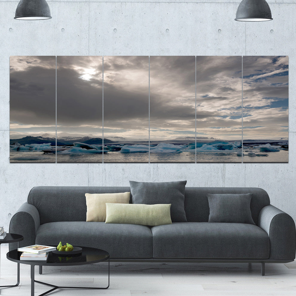 Ice of Jokulsarlon Lagoon, Landscape Canvas Art Print, 70"x28", 6 Panels