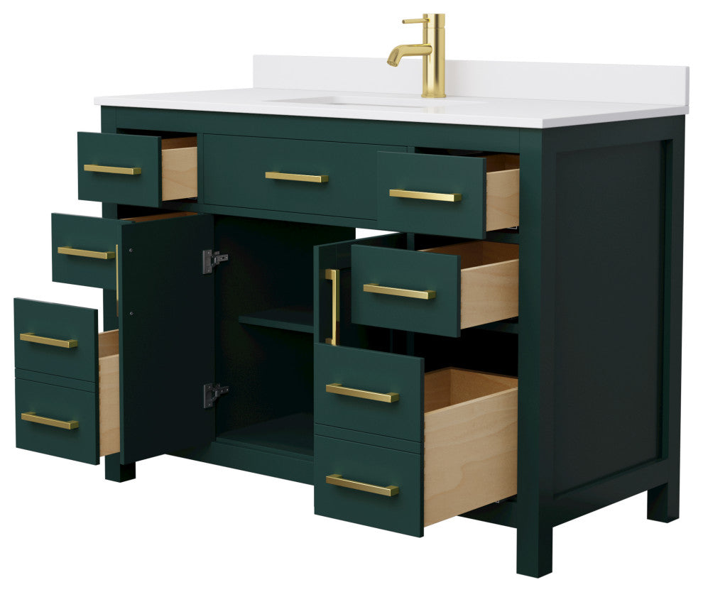 48" SGL Bathroom Vanity, Green, White Cult. Marble Countertop, Sink, Gold Trim