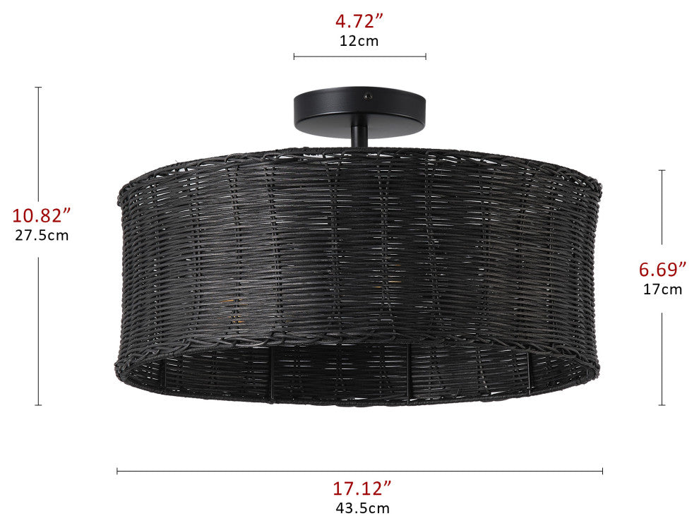 Farmhouse Woven Rattan 3-Light Drum Semi Flush Mount Ceiling Light