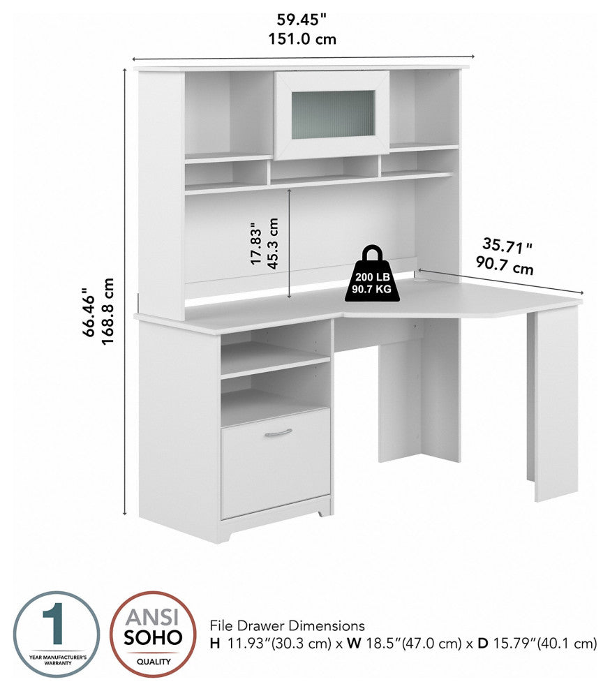 Cabot 60W Corner Desk With Hutch, White