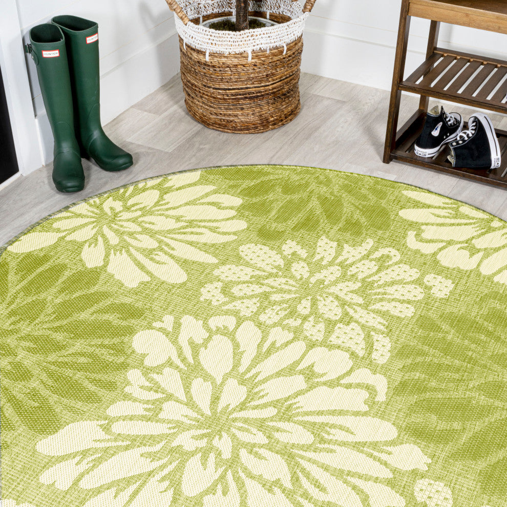 Zinnia Modern Floral Textured Weave Indoor/Outdoor, Green/Cream, 5' Round