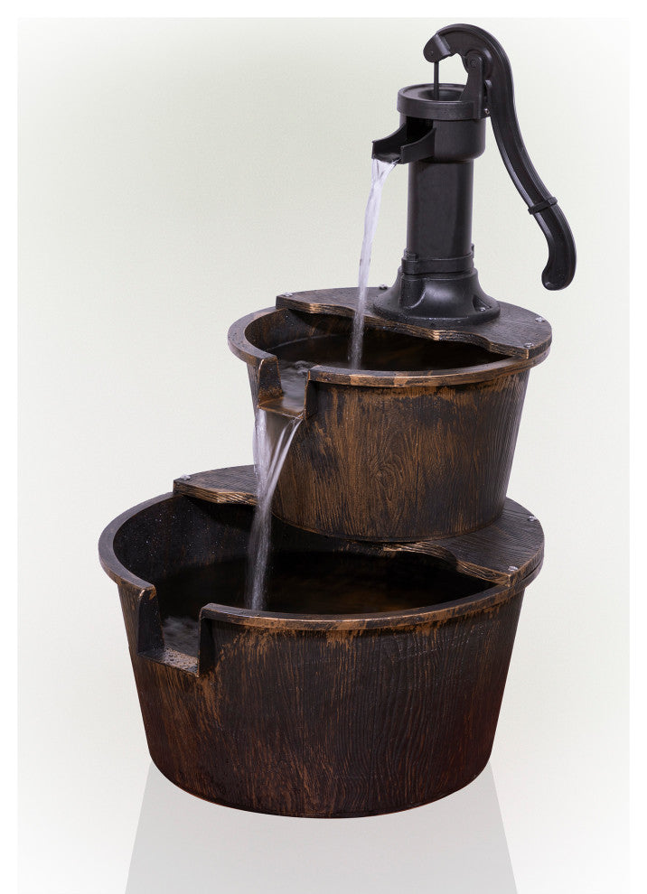 27" Tall 2-Tier Barrel and Pump Waterfall Fountain, Bronze Finish