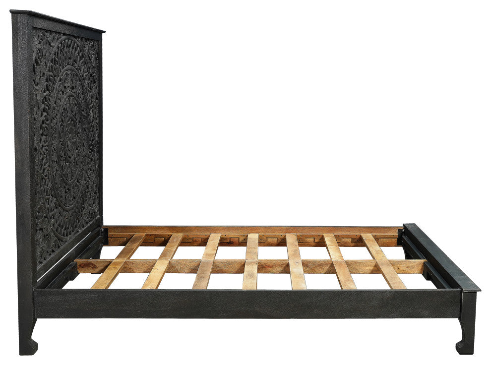Milano Floral Carved Solid Wood Queen Panel Bed, Black, Queen