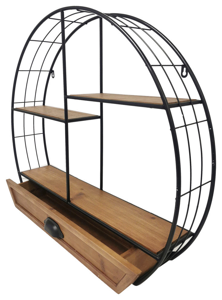 Rustic Iron Wall Shelf with Drawer