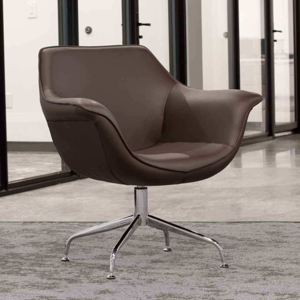 Modern Mala Swivel Chair Soft Leatherette Upholstery Stainless Steel Base, Brown