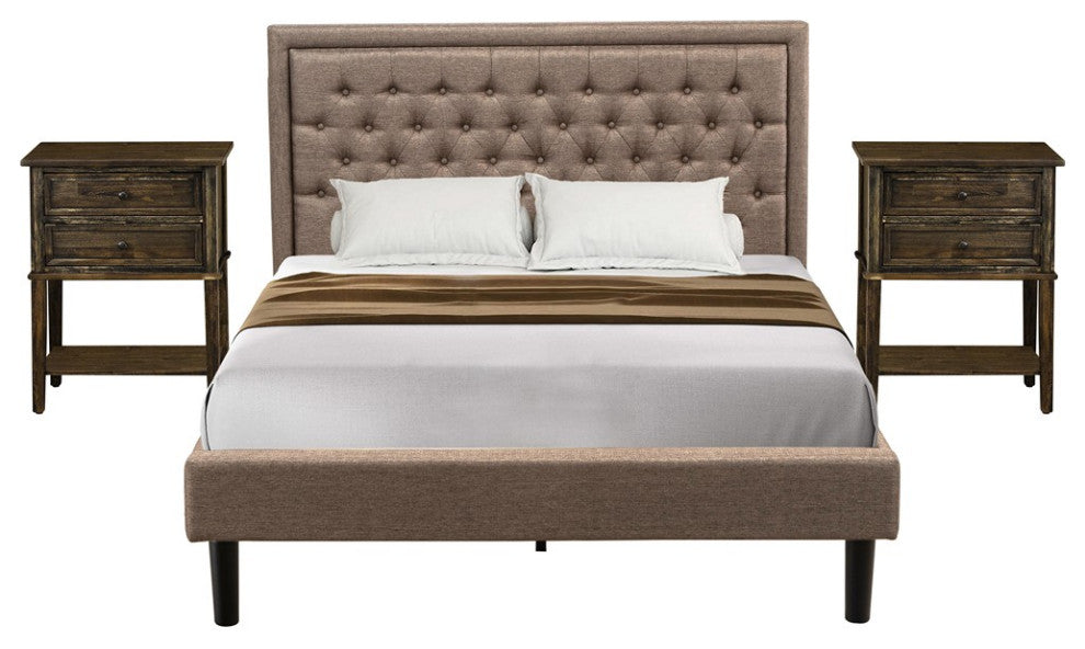 3Pc Queen Size Set, 1 Platform Bed Dark Khaki, 2 Nightstand, Black Legs