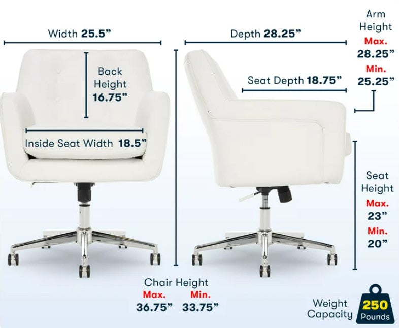 Swivel Office Chair, Memory Foam Seat & Button Tufted Back, White Faux Leather