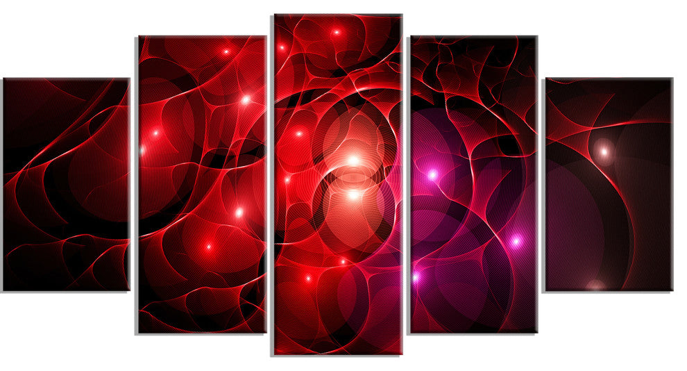 Red Fractal Space Circles, Contemporary Canvas Art Print, 60"x32", 5 Panels