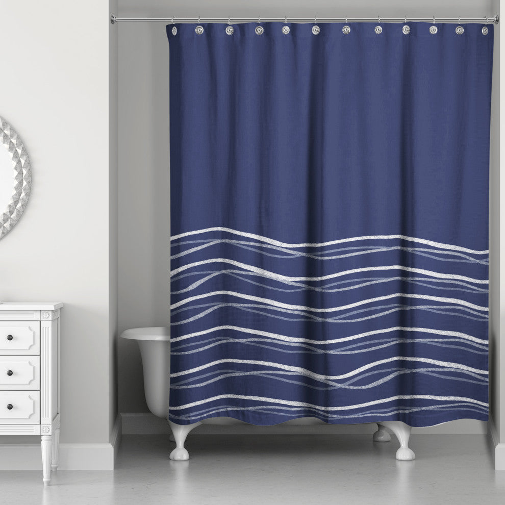 Wavy Lines On Navy 71x74 Shower Curtain
