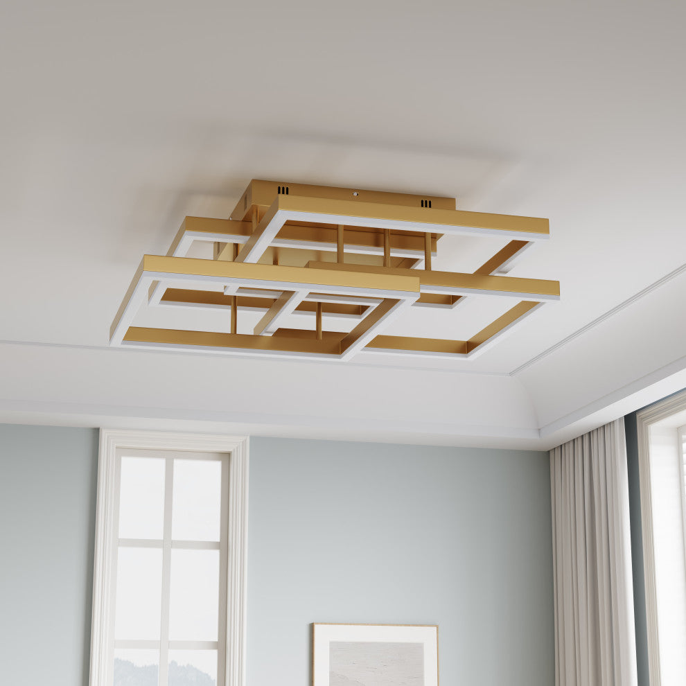 Modern Gold 4-Light Rectangular Dimmable LED Semi Flush Mount Ceiling Light