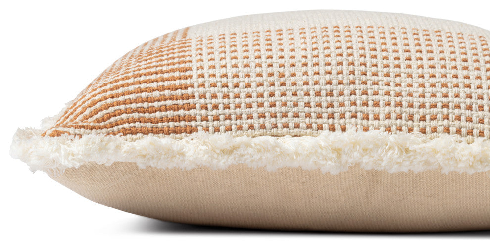 18"x18" Fringed Geometric Woven Plaid Throw Pillow, Natural/Rust, No Fill