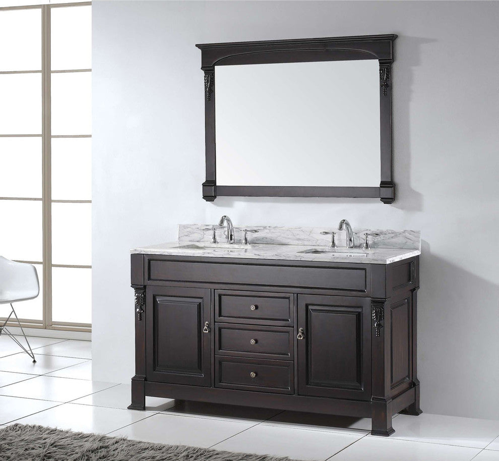 Virtu Huntshire 60" Double Bathroom Vanity, Dark Walnut With Faucet and Mirror