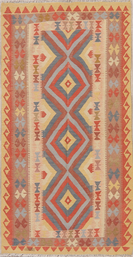 Turkish Flat-Woven Oriental Kilim Pure Wool Traditional Runner Rug, 6'8"X3'2"