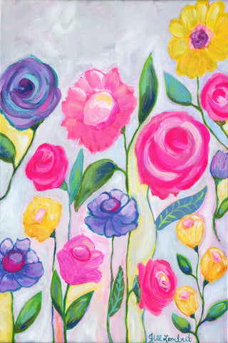 "Flowers Grey" Painting Print on Wrapped Canvas