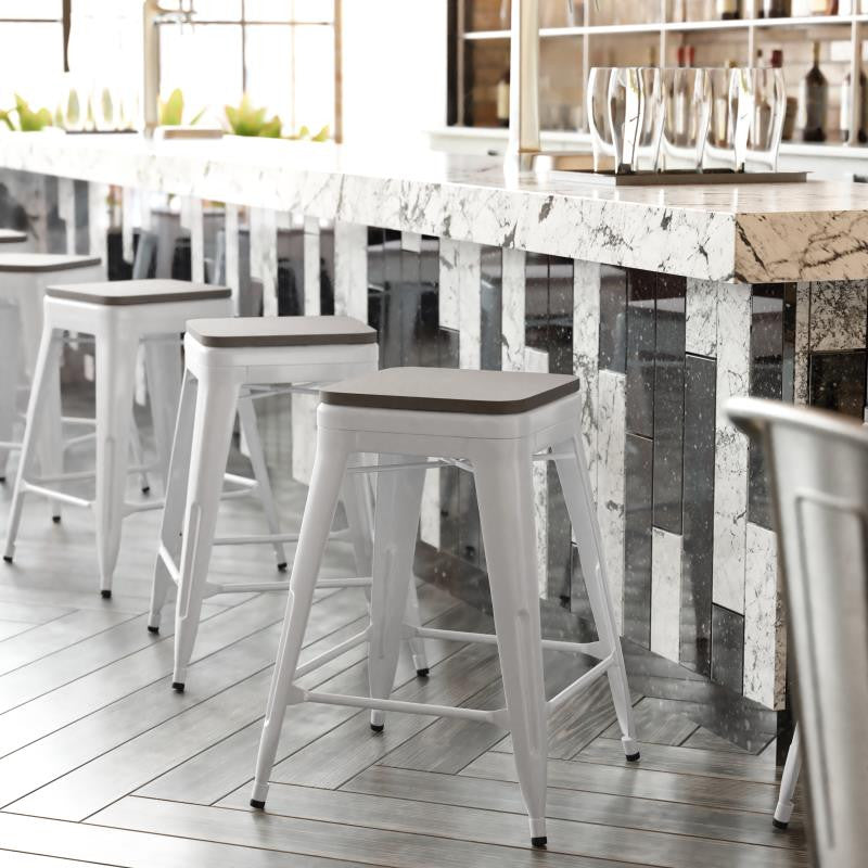 Kai Commercial Grade 24" High Metal Indoor-Outdoor Counter Height Stool, White/Gray