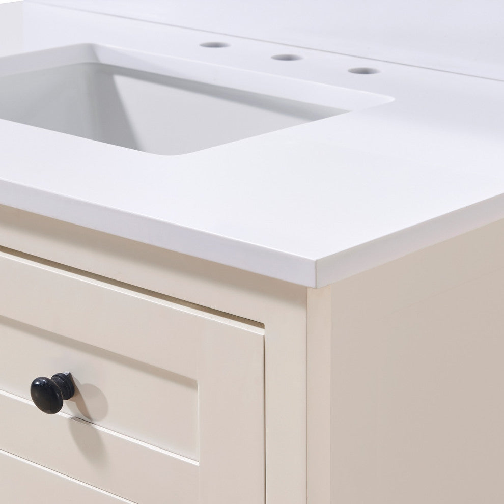 Andalo Engineered Stone Vanity Top, Snow White With White Sink, 37"