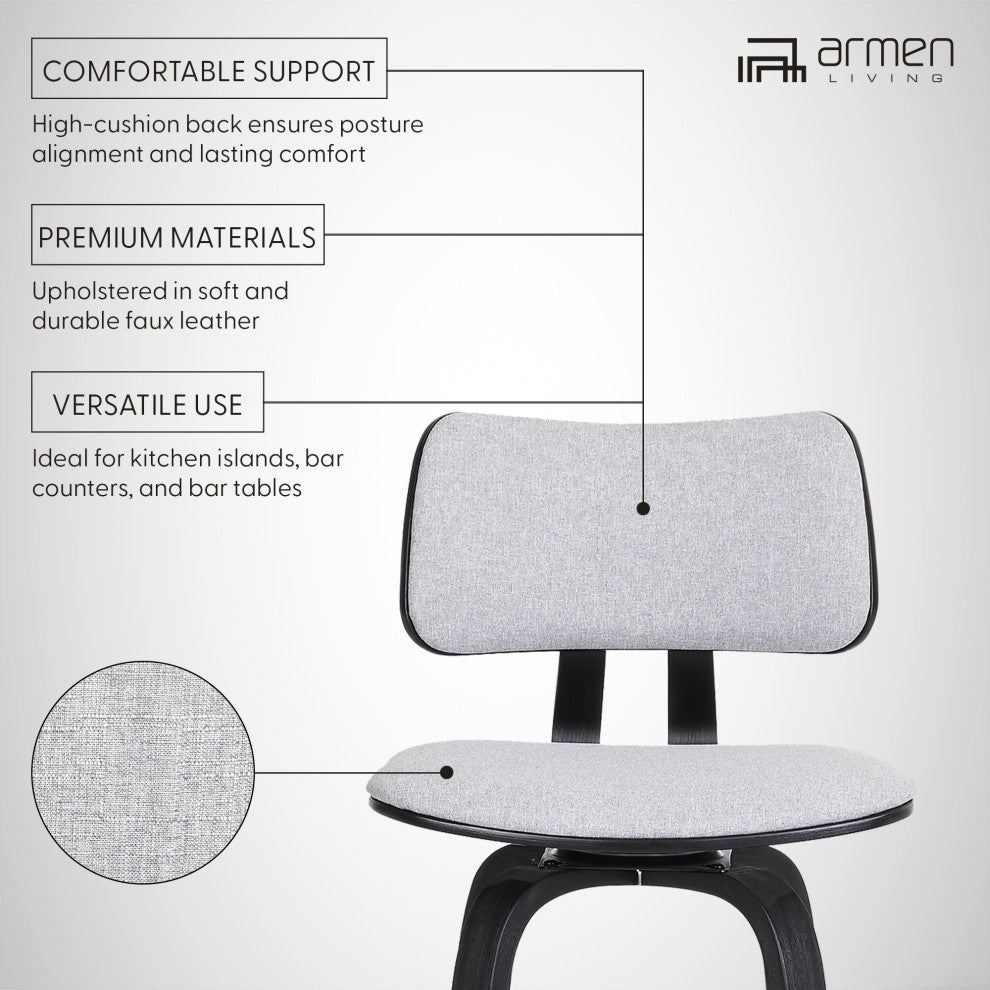 Pico 26" Swivel Black Wood Counter Stool, Light Gray Fabric With Black Metal, 30
