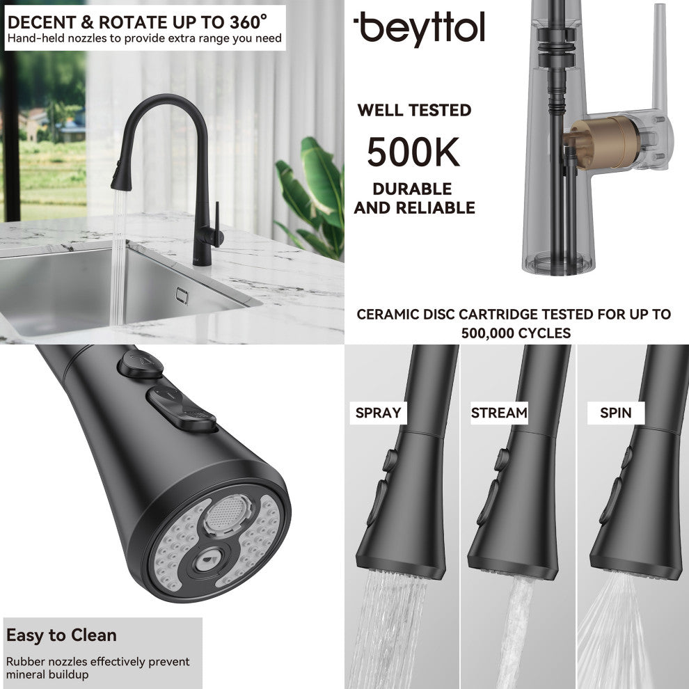 Single Handle Deck Mounted High Arc Pull Down Brass Kitchen Faucet, Matte Black