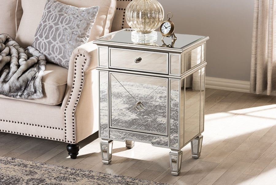 Claudia HollyWood Regency Glamour Style Mirrored Nightstand