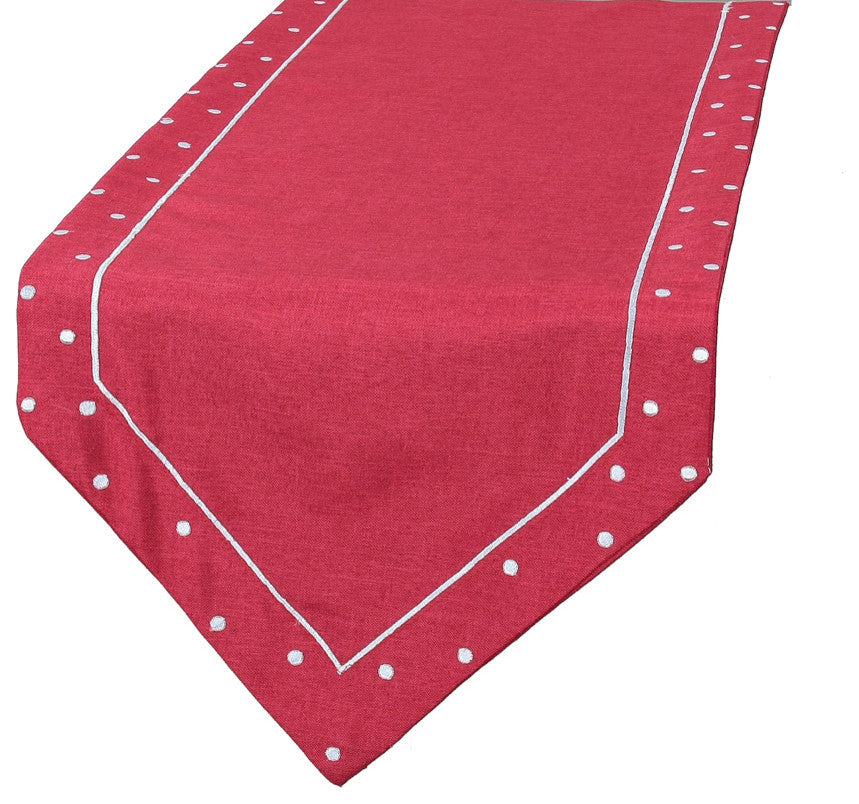 Polka Dot Embroidered Easy Care Table Runner, 15"x72", Red