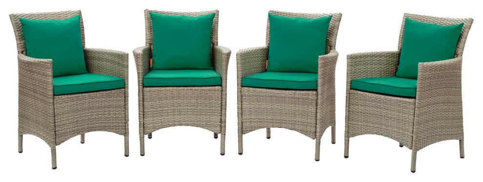 Side Dining Chair Armchair, Set of 4, Rattan, Wicker, Gray Green, Outdoor