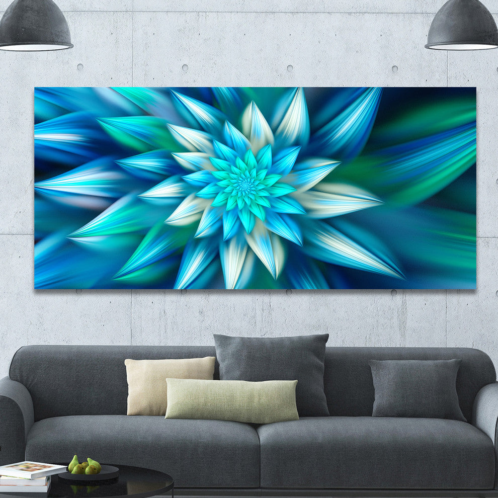 Huge Blue Fractal Flower, Large Floral Canvas Art Print, 60"x28"