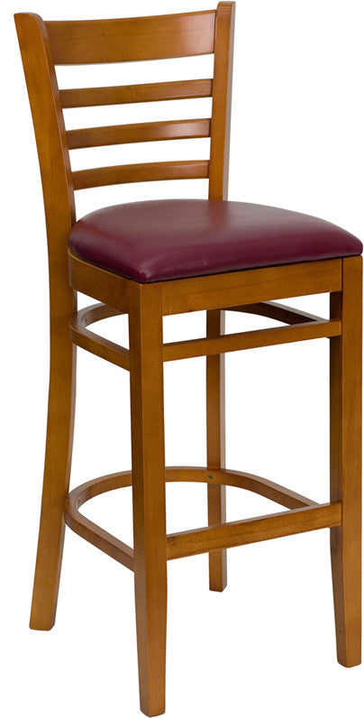 Ladder Back Cherry Wood Restaurant Barstool, Burgundy Vinyl Seat